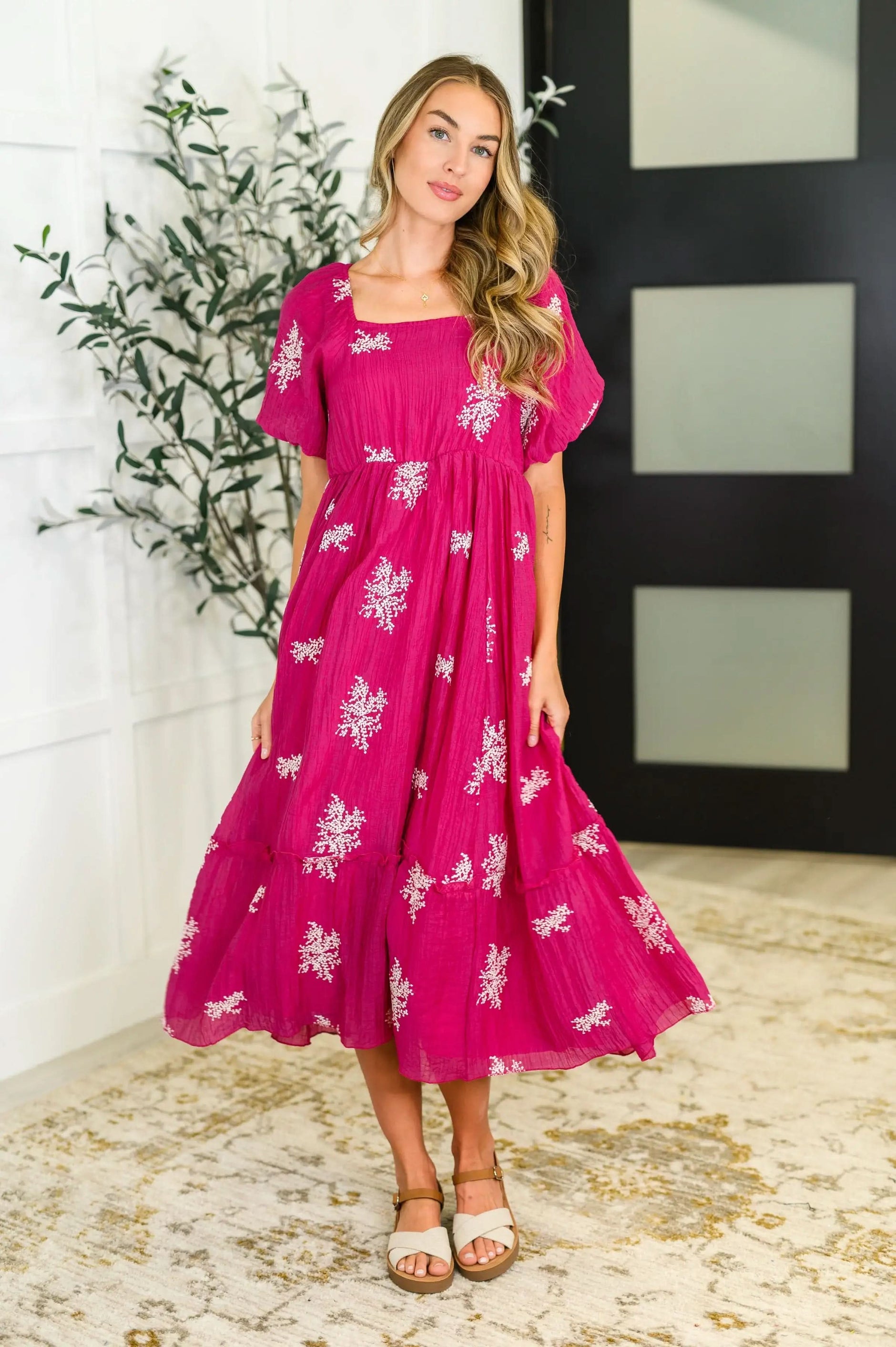 Twirl in Bloom Square Neck Dress in Hot Pink - SwagglyLife Home & Fashion